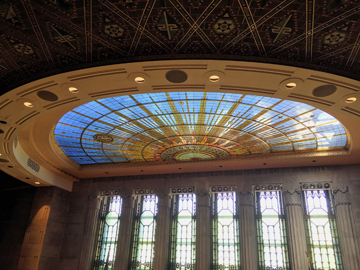 The Common Council chamber on the 13th floor, featuring a stained glass sunburst.