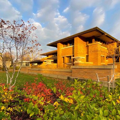 The garden and exterior of the Frank Lloyd Wright-designed Martin House in Buffalo, NY