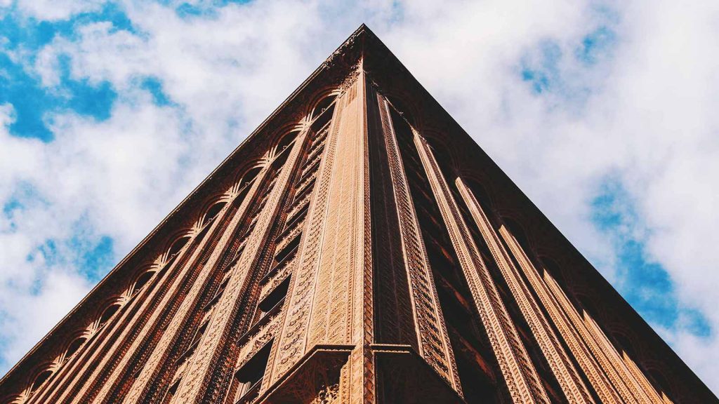 Exterior shot of the Guaranty Building's ornamental facade in Buffalo, NY